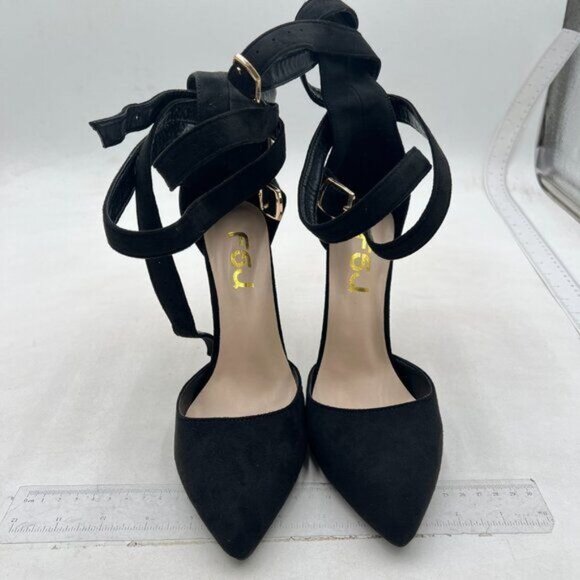 FSJ Women High Heel Ankle Straps Sandals Pointed Toe Pumps Dress Shoes Black - Picture 2 of 7